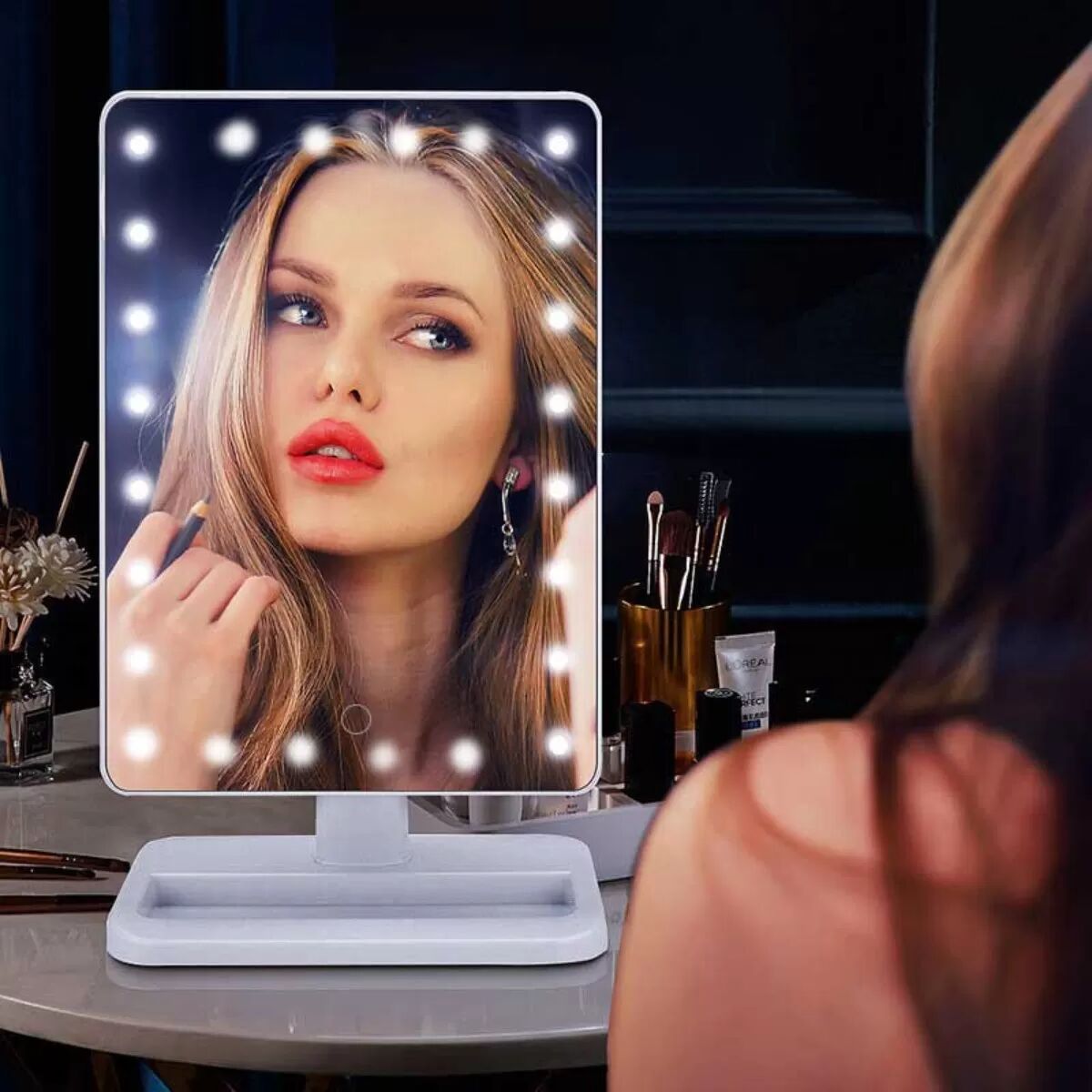 INF LED-Tisch-Make-up-Spiegel mit Touch-Sensor und 360°-Drehung – 20 LED-Leuchten Weiß