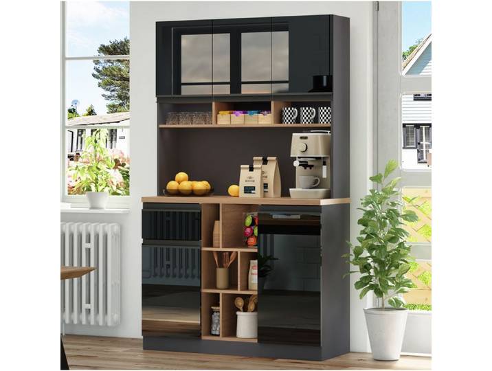 Buffet haut noir brillant et anthracite 105 x 45 x 185 cm étagères réglables tiroir