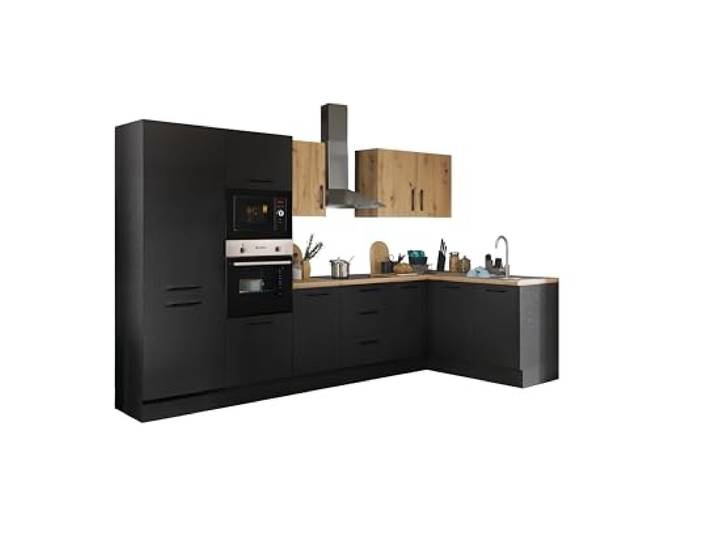 TURIN LBM Eckküche Winkelküche Artisan Eiche Optik Schwarz 330 x 211 x 60cm