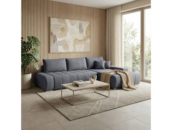 BEAUTY SOFA Draco L Ecksofa mit Schlaffunktion und Bettkasten, Grau, rechts Liegefläche 215 × 140 cm, Ottomane links oder rechts, Modernes Schlafsofa, Mit Stauraum