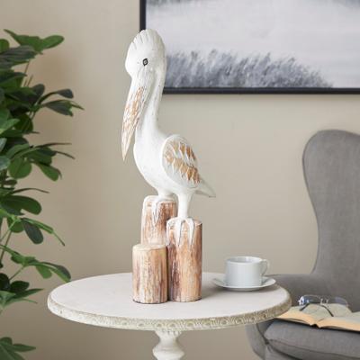 ARCILLA ELEMENTAL White Wood Handmade Distressed Pelican Decorative Sculpture with 3 Brown Posts
