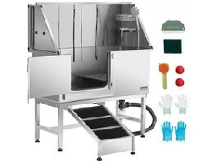 VEVOR Baignoire de Chien Acier Inoxydable, Baignoire de Toilettage pour Animaux de Compagnie 127 cm Station de Lavage Chat, avec Rampe, Panneau Filtre à Eau, Robinet, Pommeau de Douche, Porte Gauche