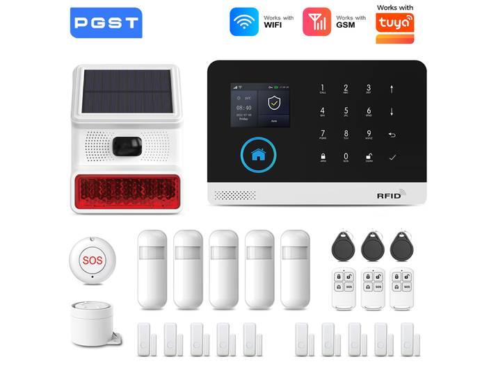 Système d’alarme PGST 2.4G WiFi maison, compatible avec Tuya Smart Life, sirène solaire extérieure 433MHz, alarme anti-cambriolage, supporte Alexa