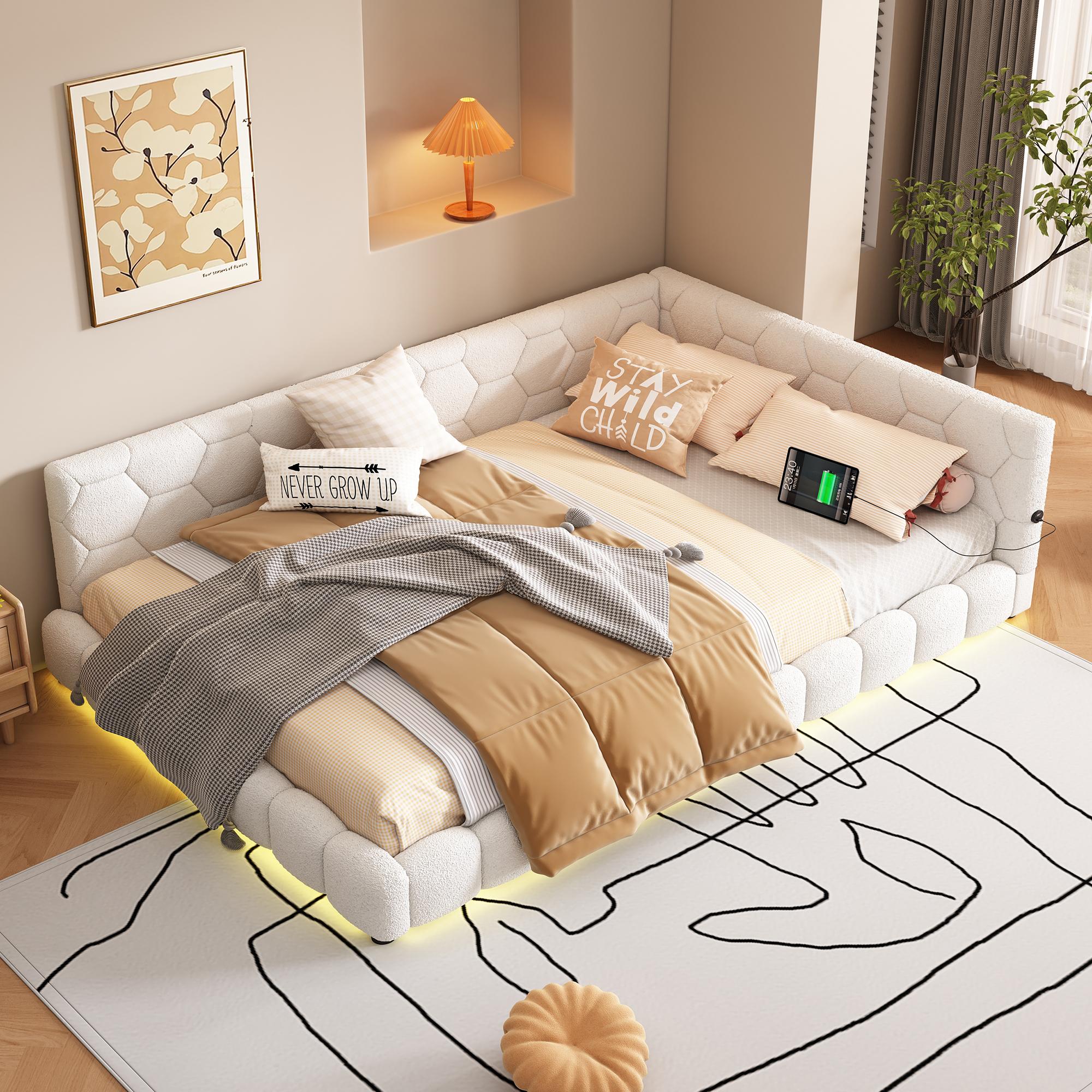 Sweiko Daybett, 140x200cm Tagesbett, Schlafsofa, Bett mit Lattenrost(ohne Matratze), 16 Farben Umgebungslicht, USB-Anschluss,Typ-C, Bequemes Material, Vliesimitat, Weiß