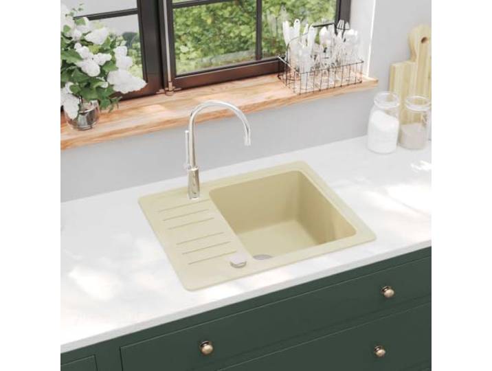 Xolmizyn Granitspüle Einzelbecken Beige, Küchenspüle aus Quarz & Harz Schlagfest & hitzebeständig, Komplett reversibel, Inklusive Siebkorb