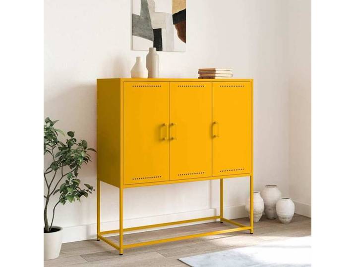 Jaune Buffet & bahut contemporain，Buffet haut， jaune moutarde 100 5x39x107 cm acier FR&4922
