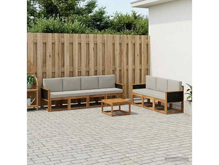 HFMDRMU Outdoor-Sofagarnitur mit Kissen 7-teilig aus massivem Akazienholz, modulares Sofa-Set in Natur und Hellgrau für Garten, Terrasse oder Balkon
