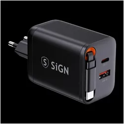SIGN GaN Fast Charger USB-C/USB-A 40W with extendable USB-C cable - Black (40 W), USB Ladegerät, Schwarz