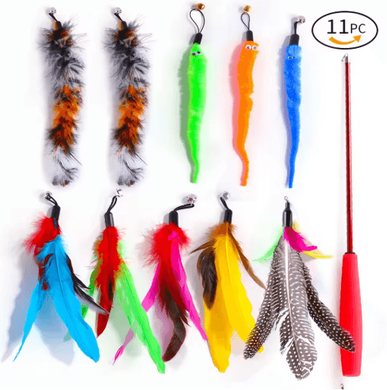 Inspire Picks Retractable Cat Wand Toy Set Feather Teaser With Caterpillar Replacement Heads red