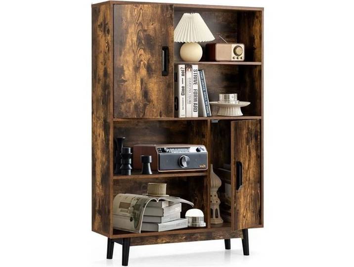 GOPLUS Bibliothèque Meuble de Rangement Industriel avec 4 Étagères Ouvertes et 2 Cabinets de Porte 80X24X119 5CM