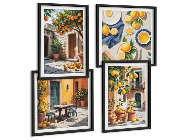 BILDER SET 4er Set - 50x50 cm & 40x60 cm Schwarzer Rahmen - Zitrusbäume in einem sonnigen Garten