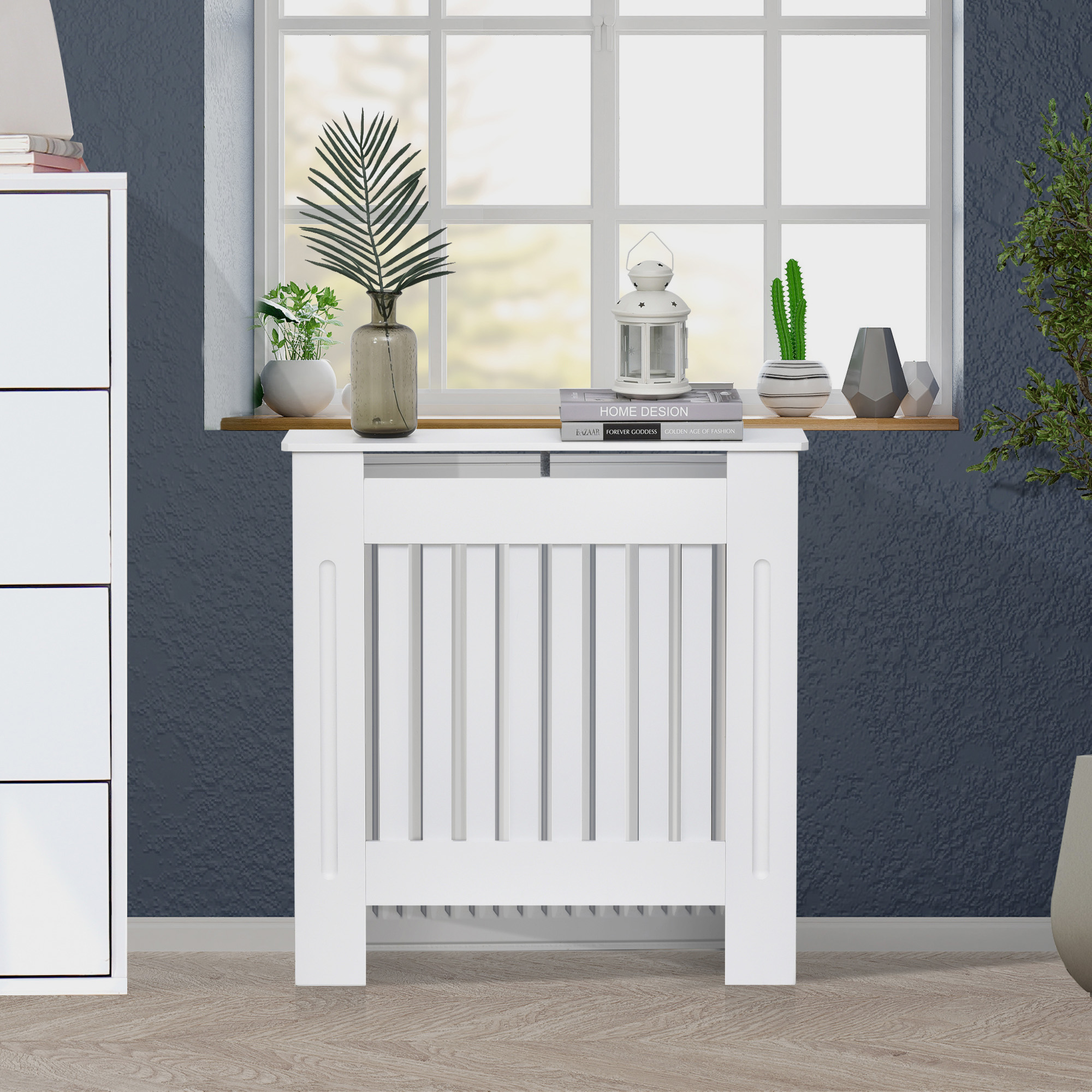 Homcom Copritermosifone in Legno Bianco per Caloriferi e Radiatori, con Doghe Verticali e Piano d'Appoggio, 78x19x81cm Aosom