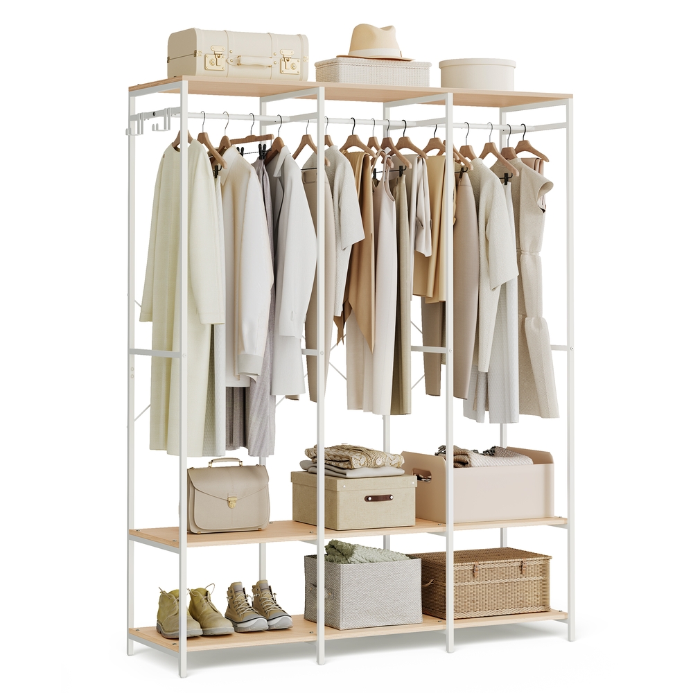 SONGMICS Kleiderschrank offen mit Kleiderstange naturbeige RGR005W67