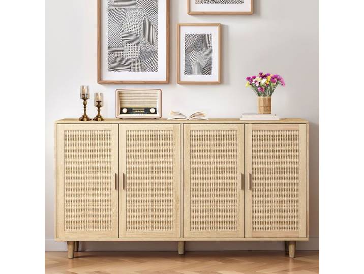 URBAN MEUBLE Buffet 4 portes en bois et cannage – Style naturel et chaleureux