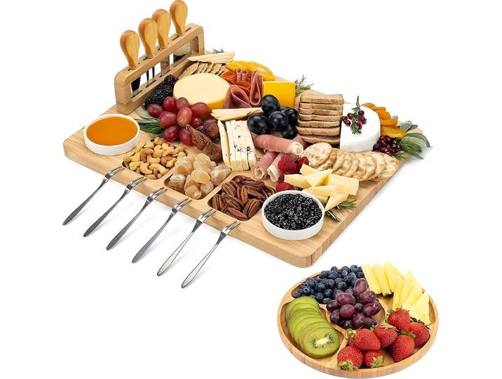 Kicinn Borrelplank - Tapasplank - Kaasplank - Serveerplank - Borrelplank Hout - Incl. Kaasmesjes\, Vorkjes\, schaaltjes en extra Serveerplank – Bamboe