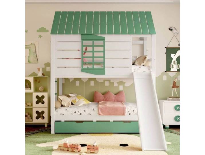 Lit superposé enfant - Lit enfant - Maison 90x200 - Blanc/Vert - Toboggan - Canapé-lit