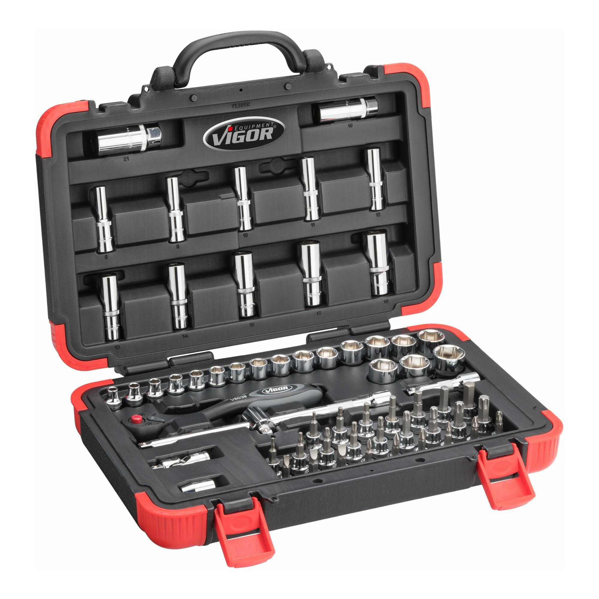 VIGOR Innenvierkant Antrieb 10 = 3/8 Zoll Steckschlüssel-Satz V2305N ∙ Vierkant hohl 10 mm (3/8 Zoll) ∙ Vierkant massiv 10 mm (3/8 Zoll) ∙ - ∙ Anzahl )