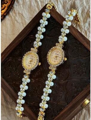 Uplift Essentials Luxurious Mother of Pearl Vintage Watch Elegant Oval Timepiece With Rhinestone Inlays For Women Luxurious Mother of Pearl Vintage Watch Elegant Oval Timepiece With Rhinestone Inlays For Women