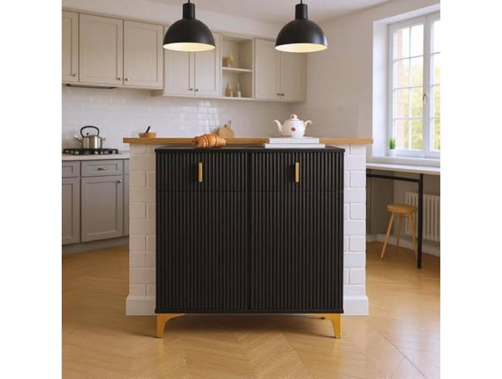 FurnitureR Schwarze Unbewegliche Kücheninsel, Moderne Platzsparer, Robustes Design, Viel Stauraum, Vielseitige Verwendung im Haushalt