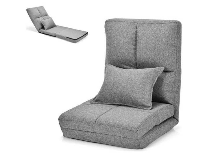 COSTWAY Chaise de Sol Convertible à Lit Ajustable 6 Positions 90°-180° en Lin avec Coussin Gris