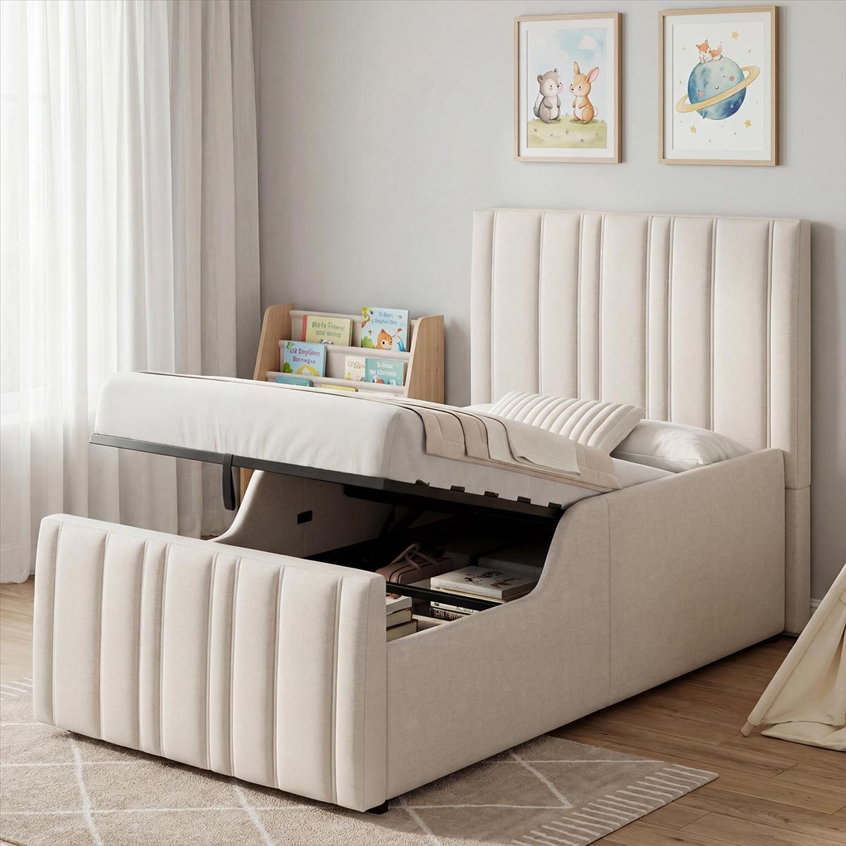 Polsterbett mit Hydraulisches und Großem Stauraum Kinderbett Jugendbett 90 x 200cm beige