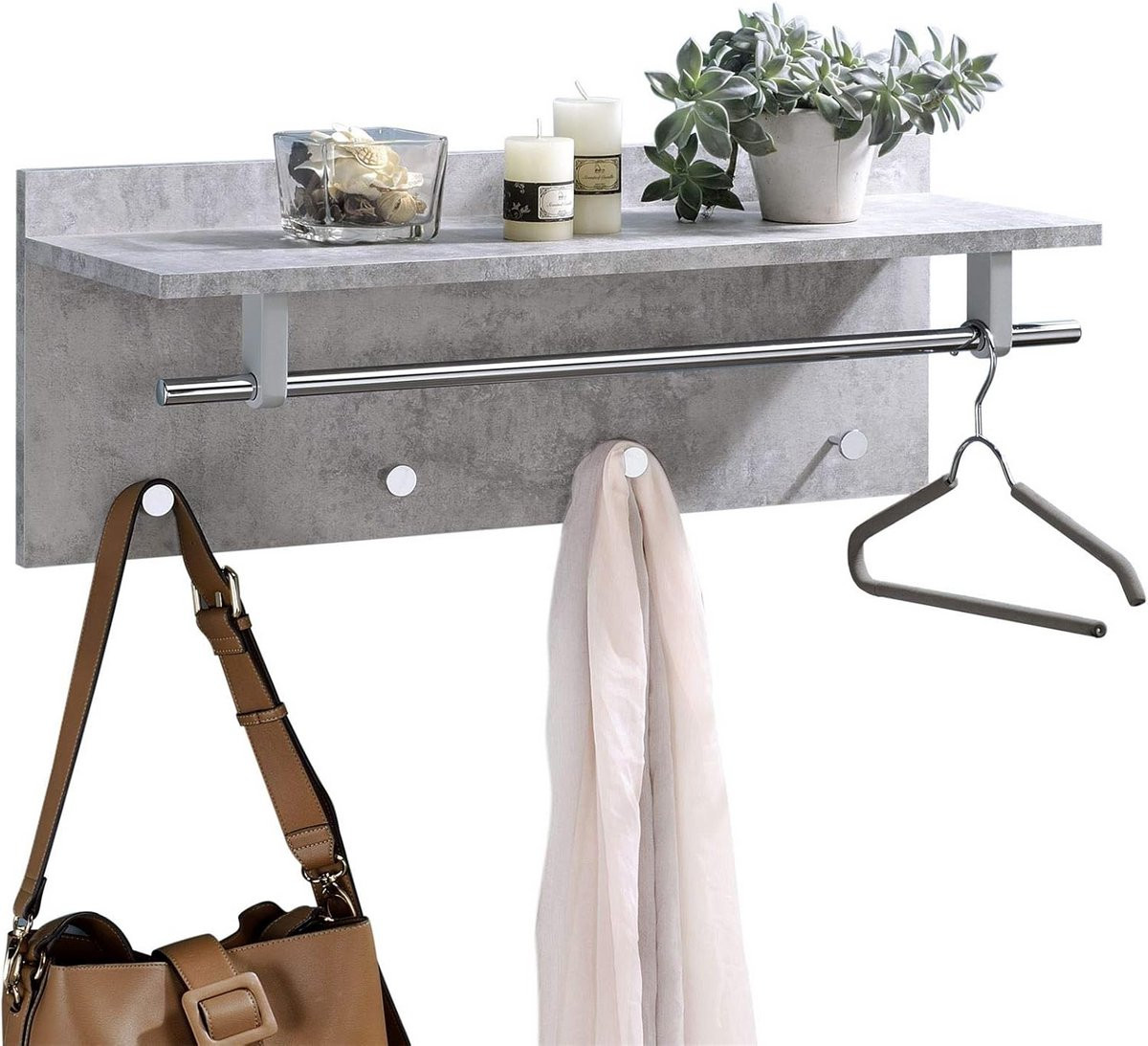 Wandgarderobe met opbergvak en kledinghaken in betondecor voor volwassenen