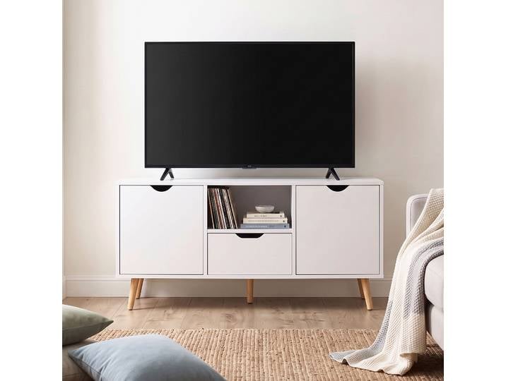 HOMCOM Meuble TV 50 Blanc Bois avec Tiroir et Armoires
