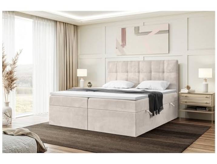 MEBLINI Boxspringbett mit Bettkasten - 160x200 - Gepolstert Doppelbett mit Matratze und Topper - Polsterbett mit Stauraum - Bett mit Kopfteil - Kai - H3/Beige Samt