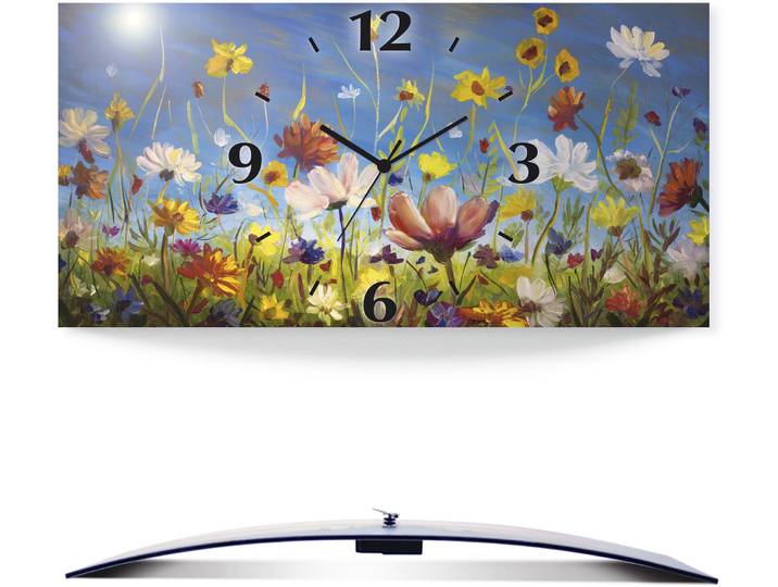 Wanduhr ARTLAND Wildblumenwiese , bunt, B:60cm H:30cm T:0,3cm, Wanduhren, Wanduhr, wahlweise mit Quarz- oder Funkuhrwerk, lautlos ohne Tickgeräusche