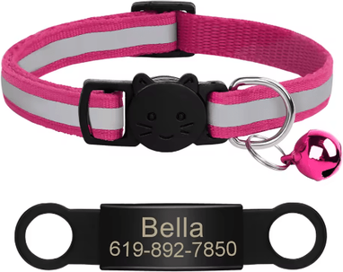 Inspire Picks Personalized Reflective Cat Collar With Engraved ID Nameplate & Bell rose 341