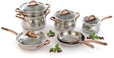 BergHOFF Ouro Gold 11Pc 18/10 Stainless Steel Cookware Set, SS Lids, Rose Gold Handles