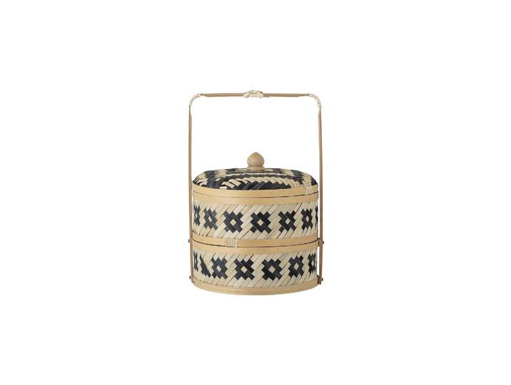 Panier avec couvercle en jonc de mer noir, poignée carrée, cylind