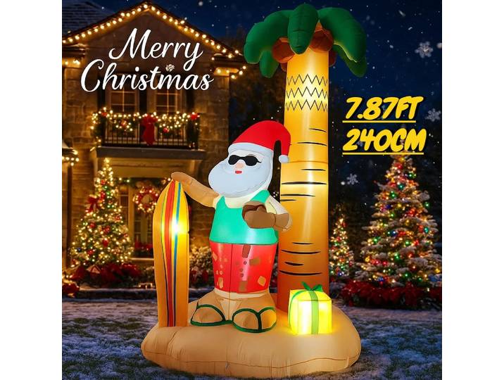 7.87FT gonflable plage Santa palmier planche de surf jouet LED éclairé cadeaux de noël festifs noël gonflable décorations de cour de noël