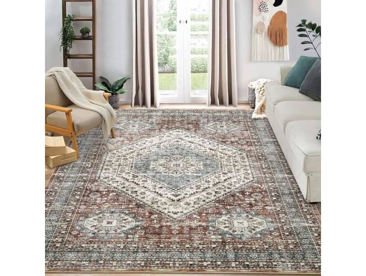 Tapis Pour Salon 160 x 230 cm Motif Médaillon Grand Tapis Oriental Antidérapant à Poils Longs Marron