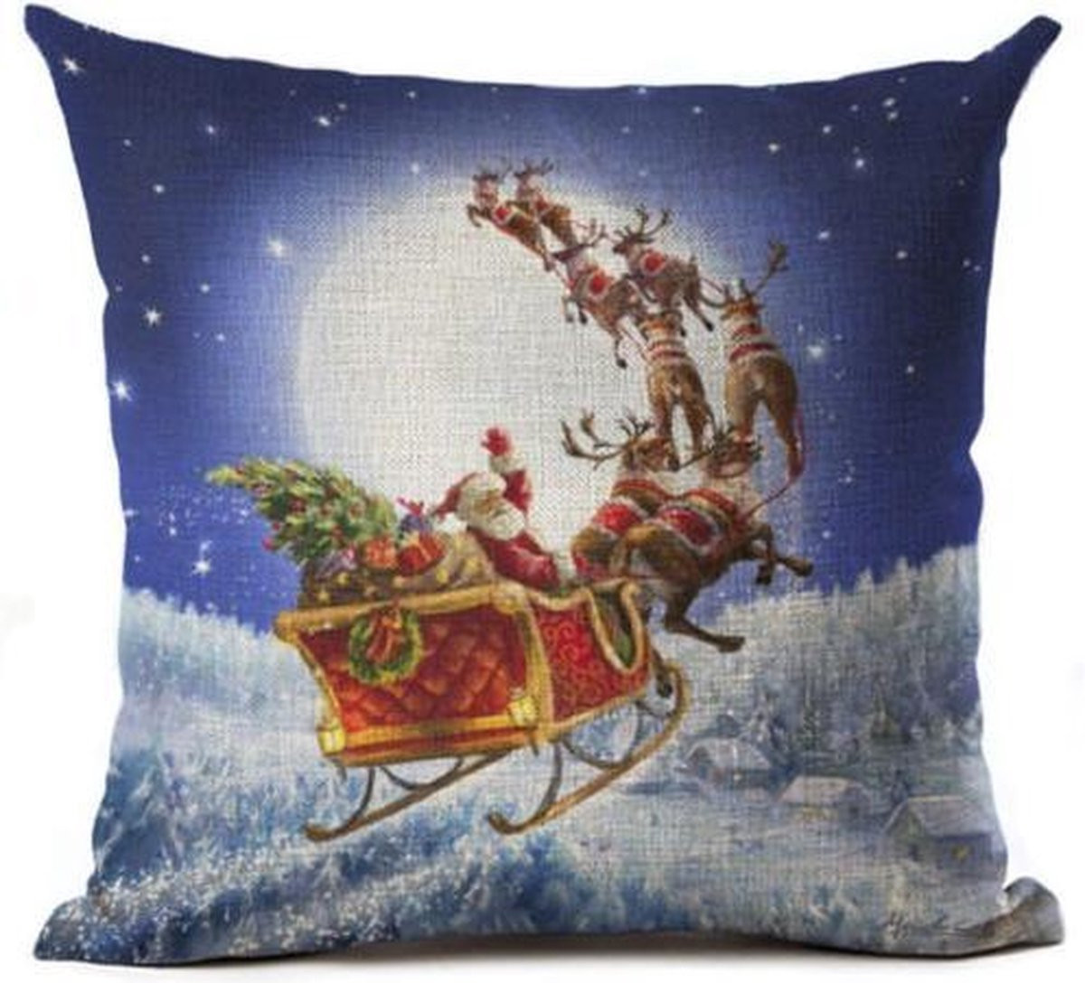 Linnen kussenhoes met kerstman, slede en herten - 45 cm