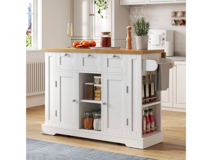 Ilot Central 132cm Style Rustique Plaque Travail Pliable Armoire Multifonction Tiroir Rack Épiceries Prise Intégrée Cuisine