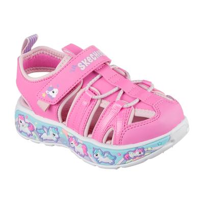 Sandale SKECHERS "PLAY SCENE SPLASH", Mädchen, Gr. 26, atmungsaktiv, pink (rosa), Lederimitat, Schuhe Sandale, Badeschuh mit bunter Sohle, Größenschablone zum Download