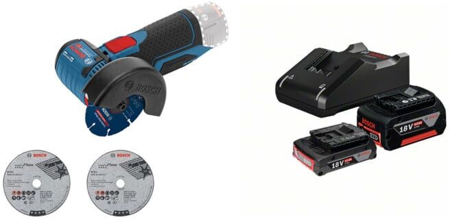 Set Bosch Akku-Winkelschleifer GWS 12V-76 Solo Version + Starter-Set: 1x GBA 18V 2,0Ah + 1x GBA 18V 4,0Ah + GAL 18V-40