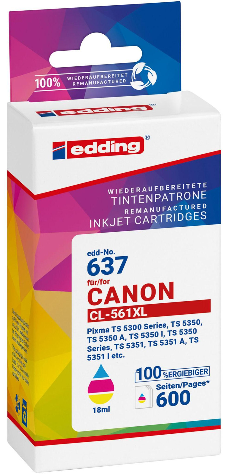 Edding Tintpatronen 18-637 compatibel met Canon CL-561XL cyaan, magenta, geel