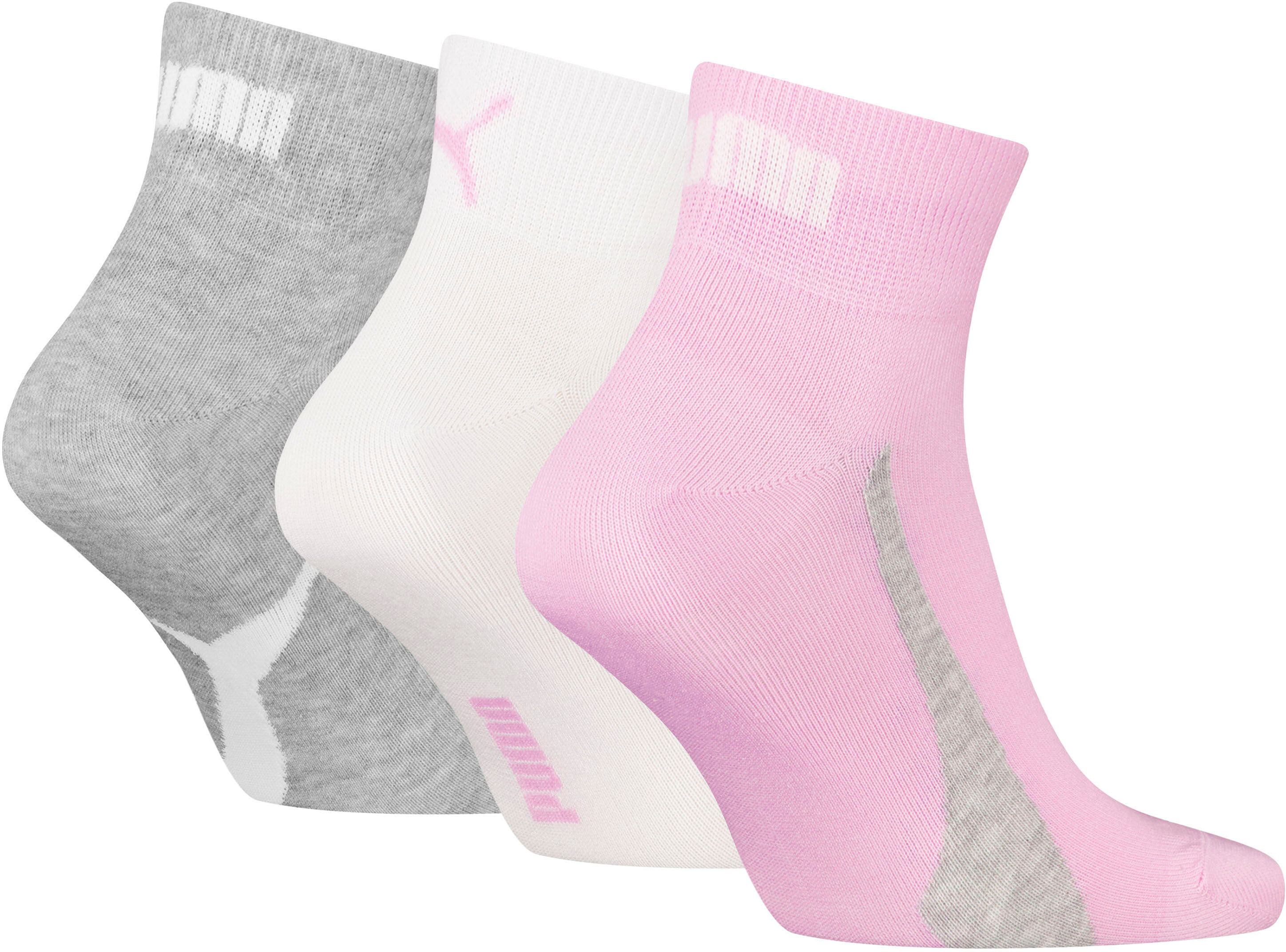 Kurzsocken PUMA "PUMA UNISEX LIFESTYLE QUARTER 3P", Herren, Gr. 39-42, rosa (basic pink), Baumwolle, Baumwollmischung, Elasthan, elastisch, Socken Kurzsocken, mit kurzem geripptem Schaft basic pink 39-42