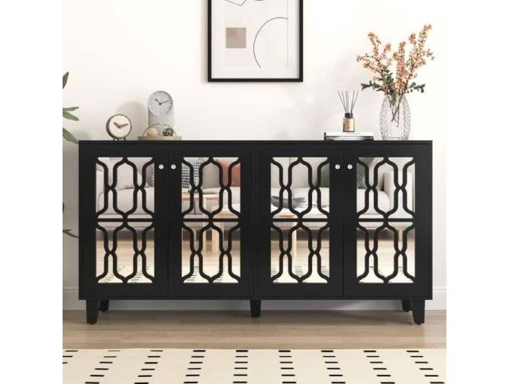 Buffet salle a manger 160 x 40 x 84 cm miroir noir avec poignées en cristal froid buffet haut avec stratifié mobile noir