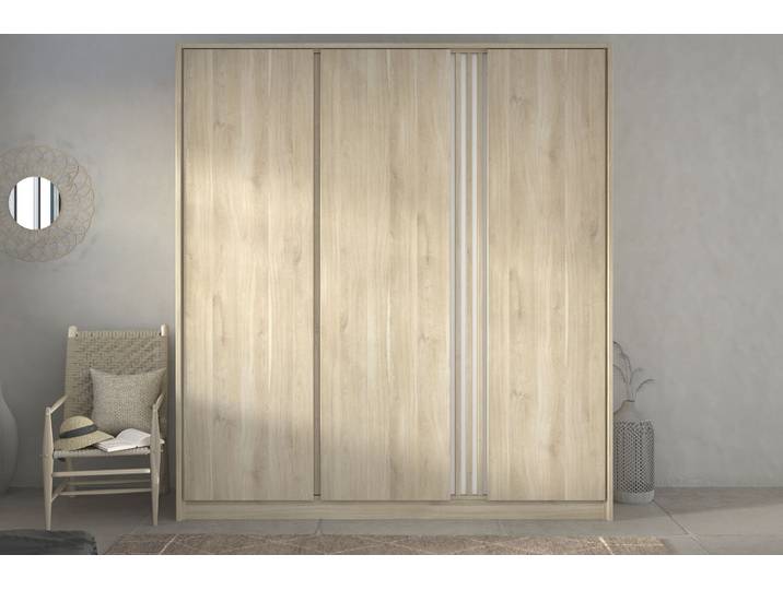 Kleiderschrank PARISOT, beige (braun), B:185cm H:203cm T:52cm, Holzwerkstoff, Schränke, Kleiderschrank, Einsatz am Kleiderschrank drehbar von Eiche Nachbildung auf Weiss