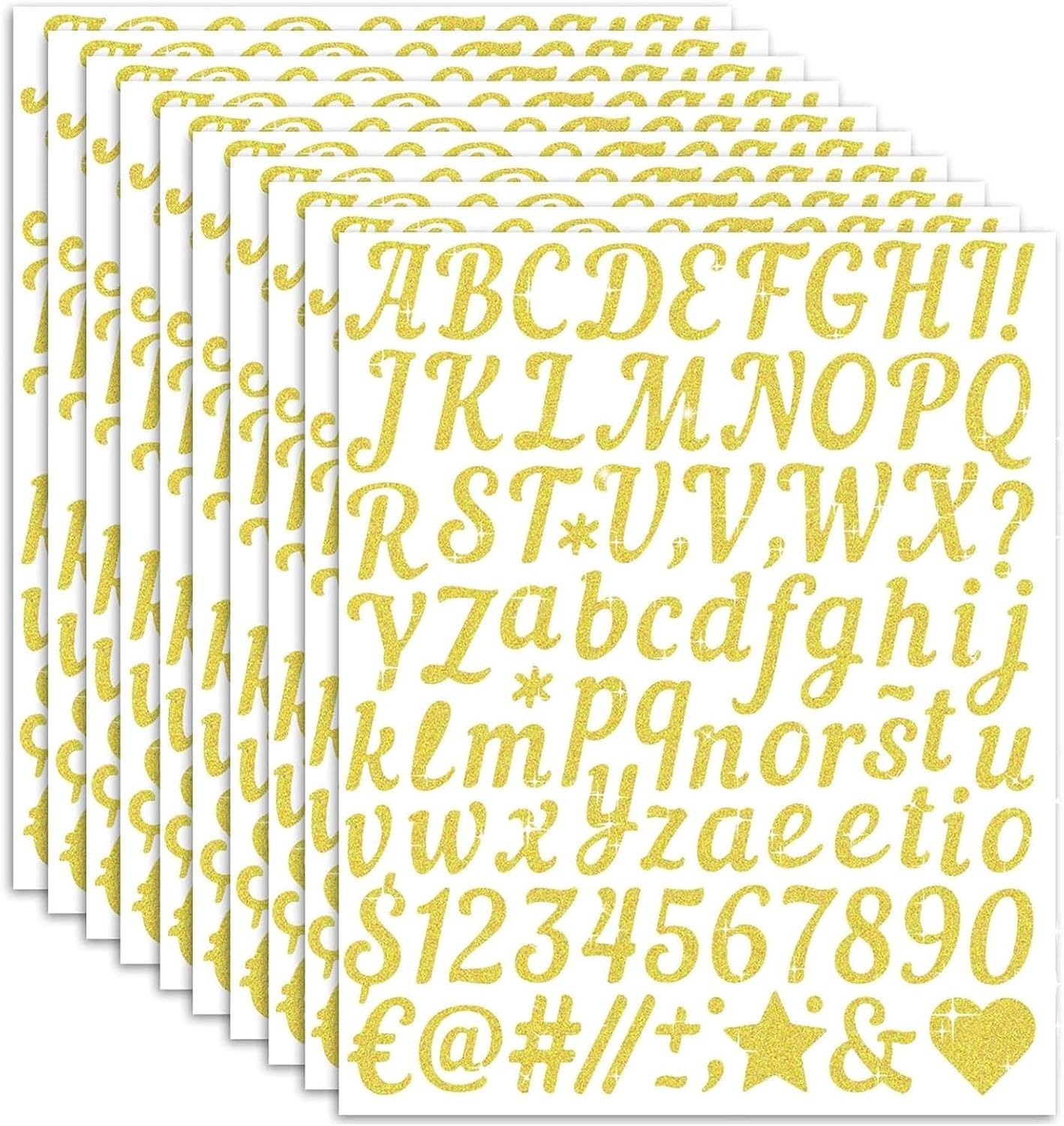 Gouden Glitter Letterstickers voor DIY Projecten - Waterdichte Vinyl Cijfers en Alfabet Stickers, 10 Vellen voor Creatieve Klussen