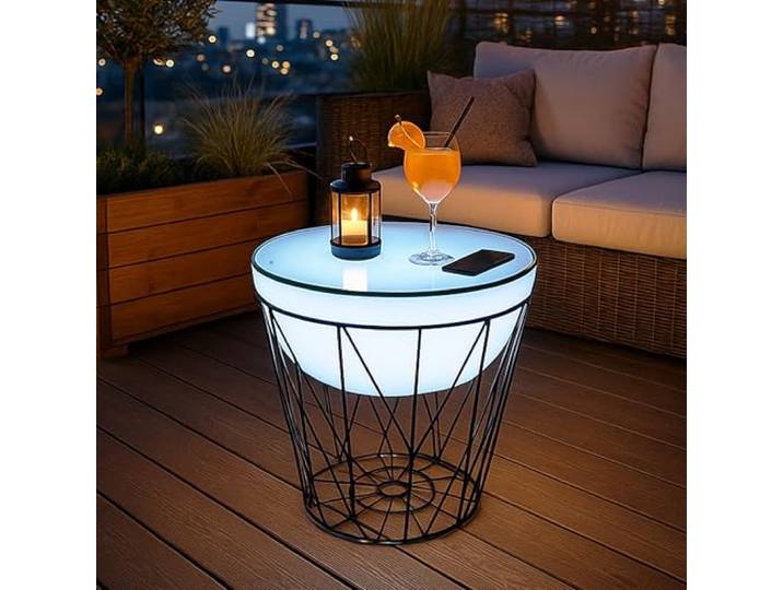 Arnusa Beistelltisch beleuchtet Couchtisch LED Korbtisch Beistelltisch rund Tisch mit Fernbedieung und Farbwechsel modern Lounge Leuchtmöbel Leuchttisch