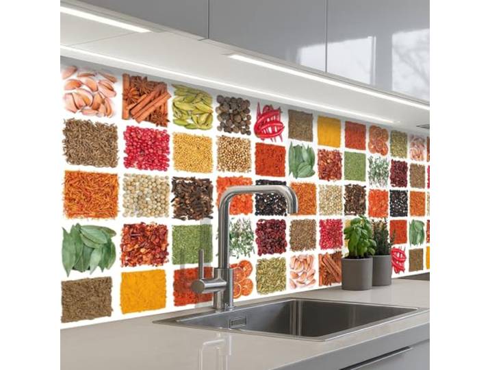 KitchenYeah© Spritzschutz Küchenrückwand Selbstklebend Küche Rückwand 80x250 cm - Küchenwand Wand Küchenfront Verkleidung Küchenspritzschutz Quadrate - Gewürze - Kräuter - Grafisch