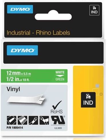 Dymo 1805414 Rhino IND fita Vinilo 12mm texto branco sobre verde (5.5M)