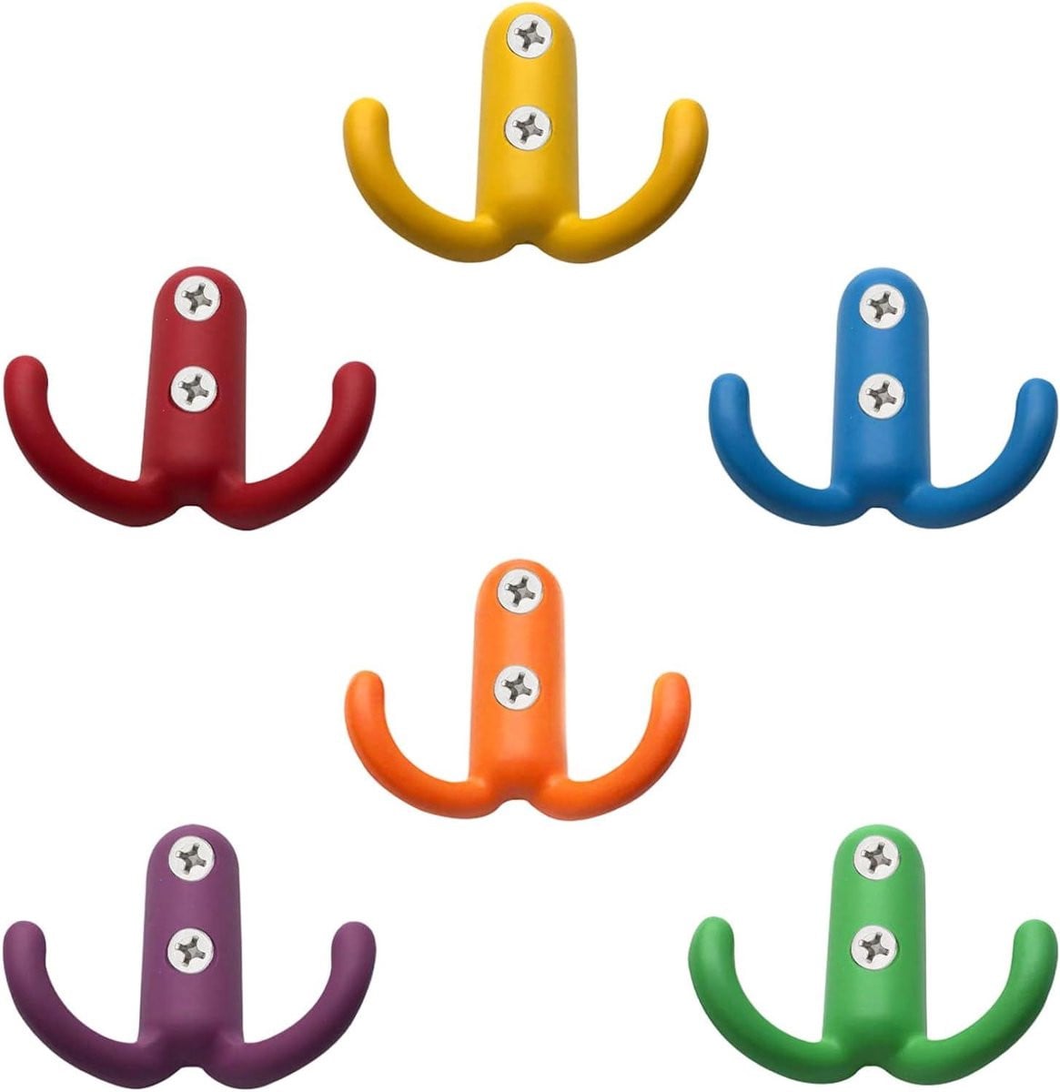 Set van 6 dubbele wandhaken in zinklegering, multicolor