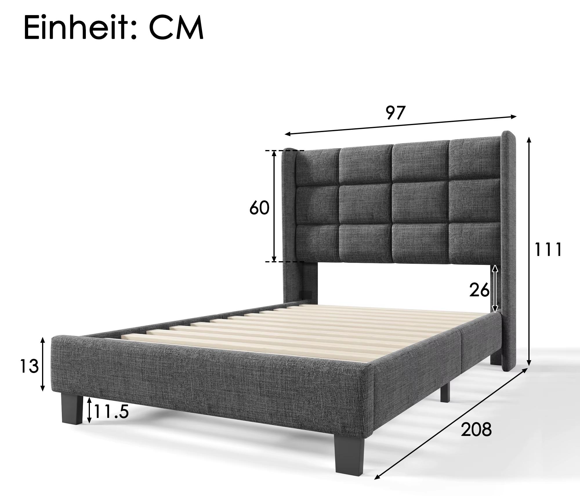 Gepolsterter Bettrahmen - Einzelbett 90 x 200 cm - Hohes gepolstertes Kopfteil - Holzlattenrost - Metall-Innenrahmen - Ohne Stauraum - Grau
