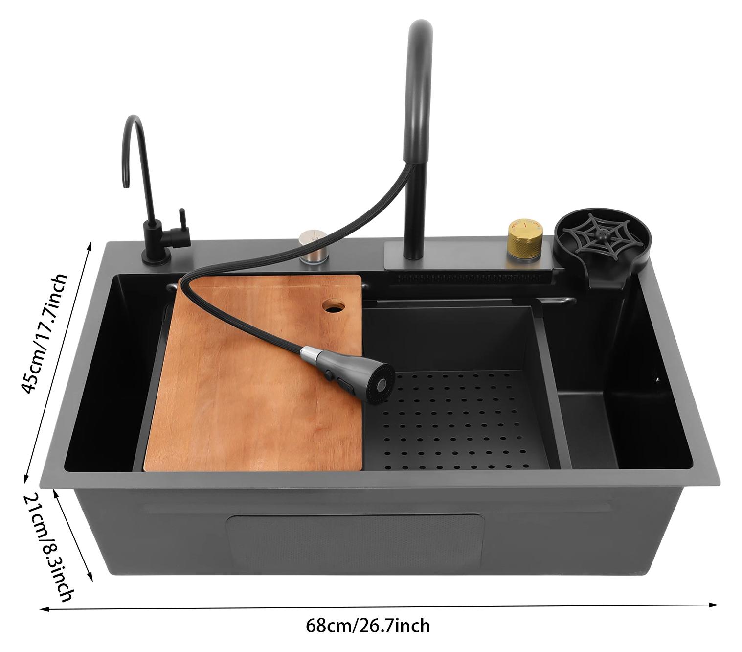 Küchenspüle - Workstation-Spüle mit Doppelbecken - Mit Armatur - 3 Wasserfunktionen - Wasserfallauslauf - Einlochmontage - Gunmetal-Grau