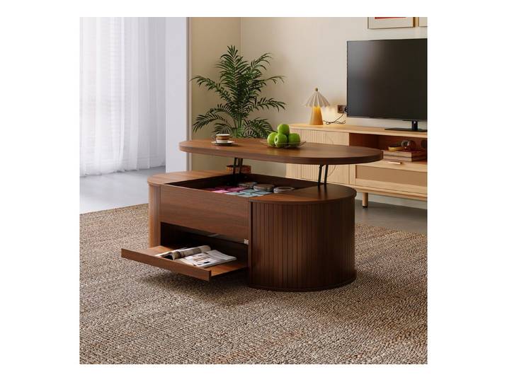 KLAM HOME Couchtisch Anhebbarer Couchtisch Nussbaum mit gebogenen Holzseiten (Multifunktionaler Wohnzimmertisch mit ausziehbarem Regal), Höhenverstellbarer Couchtisch aus MDF mit Stauraum